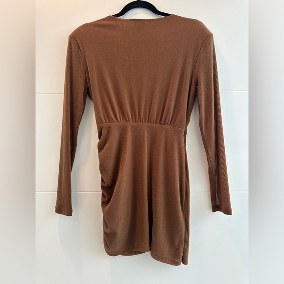 Lelis Rust Brown Plunging V-Neck Long Sleeve Mini Dress Bodycon Trendy Holiday S - Picture 9 of 13